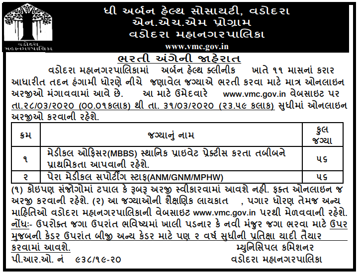 VMC Recruitment Medical Officer and Paramedical Supporting Staff Posts 2020